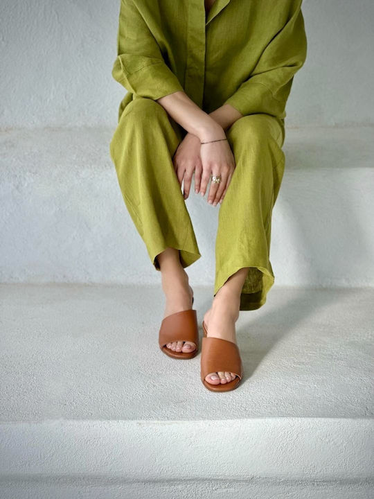 Leather Mules with Chunky High Heel in Tabac Brown Color