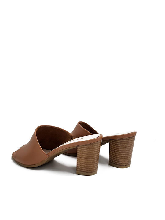 Leather Mules with Chunky High Heel in Tabac Brown Color