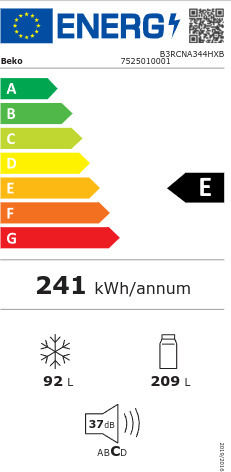 Beko Kühl-Gefrierkombination 301Es NoFrost H179.6xB59.5xT66.5cm. Inox B3RCNA344HXB