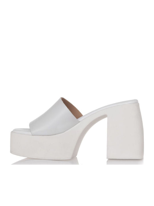 Leather Mules with Chunky High Heel in White Color