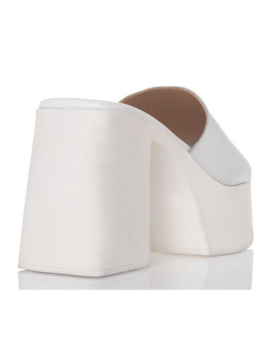 Leather Mules with Chunky High Heel in White Color