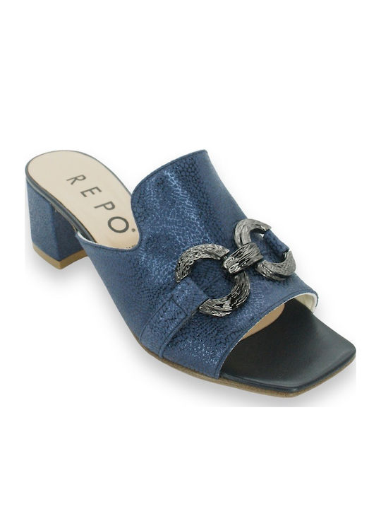 Leather Mules with Chunky Low Heel in Blue Color