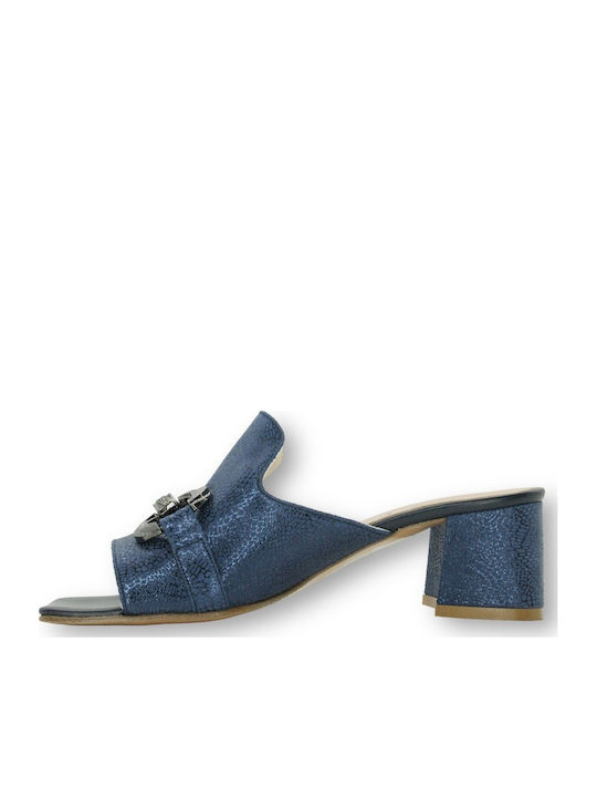 Leather Mules with Chunky Low Heel in Blue Color