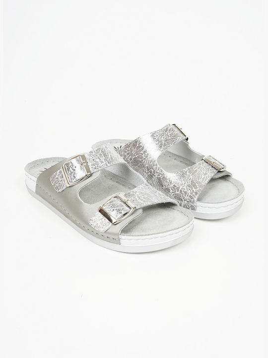 Sunny Sandal Leder Damen Flache Sandalen Anatomisch in Silber Farbe