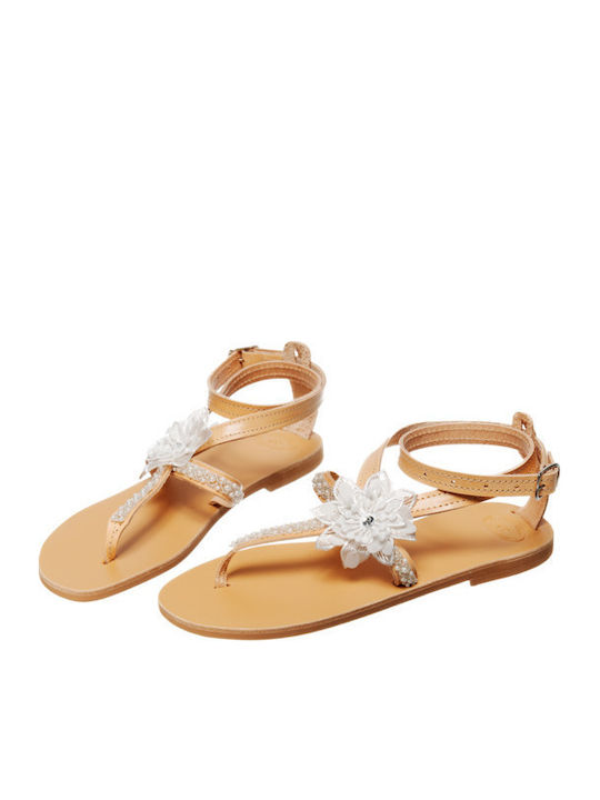 Leather Women's Flat Sandals with Strap in White Color