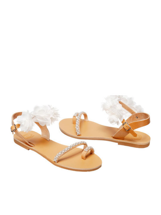 Leather Women's Flat Sandals with Strap in White Color