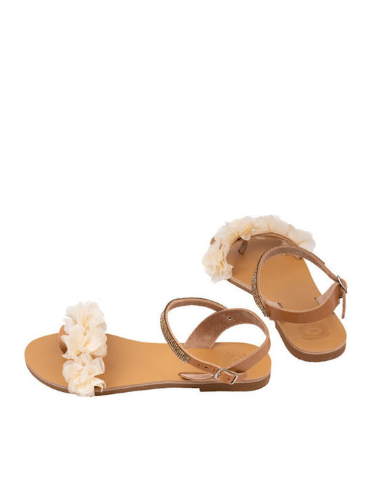 Leather Women's Flat Sandals with Strap in Beige Color