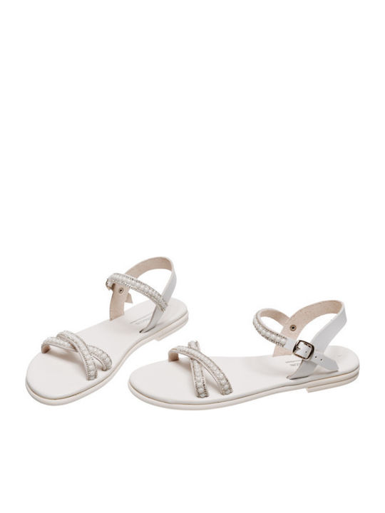 Leather Women's Flat Sandals with Strap in White Color