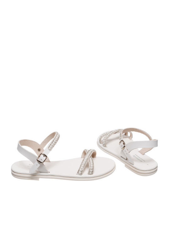 Leather Women's Flat Sandals with Strap in White Color