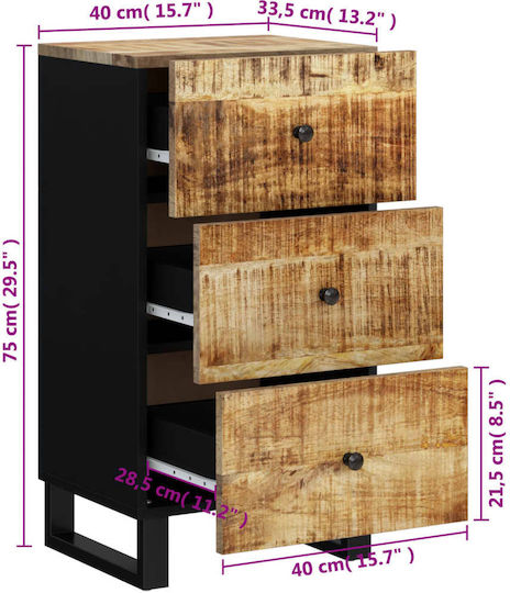 Chest of Drawers of Solid Wood with 3 Drawers 40x33.5x75cm