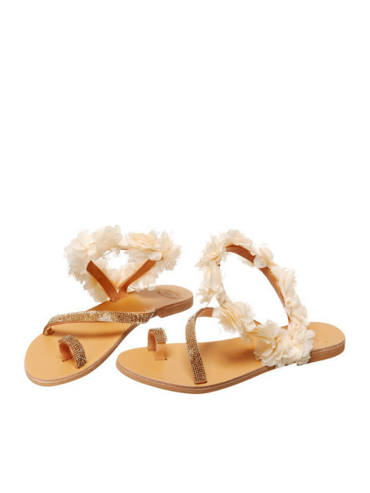 Leather Women's Flat Sandals in Beige Color