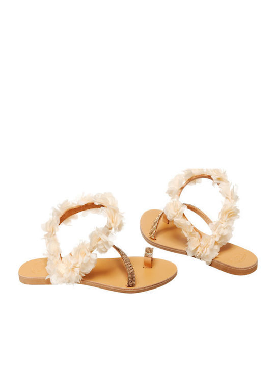 Leather Women's Flat Sandals in Beige Color