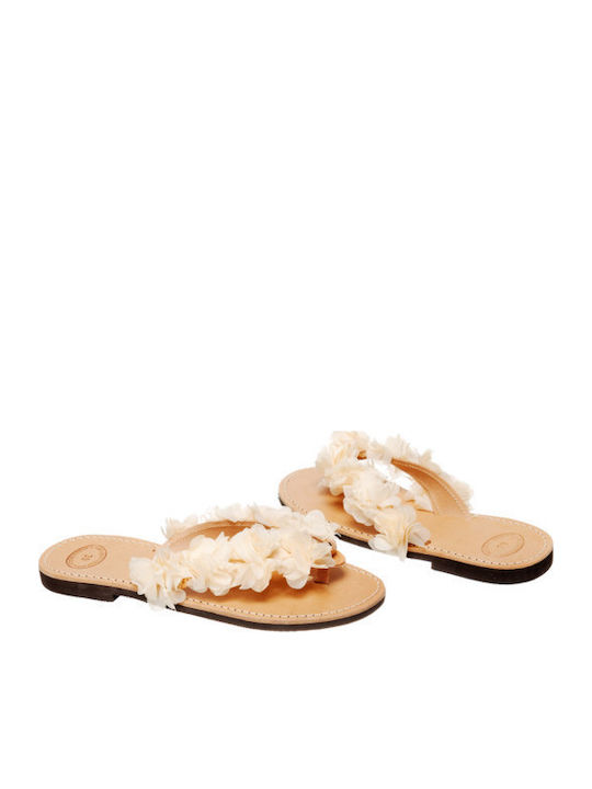 Leather Women's Flat Sandals in Beige Color