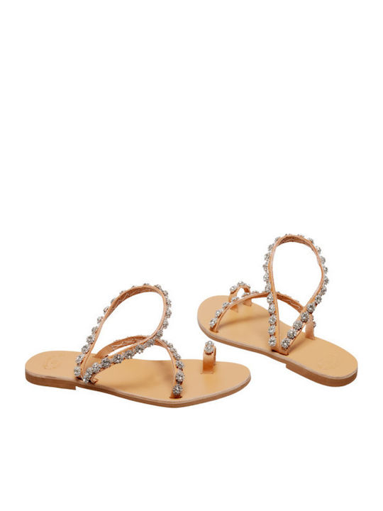 Leather Women's Flat Sandals in Silver Color