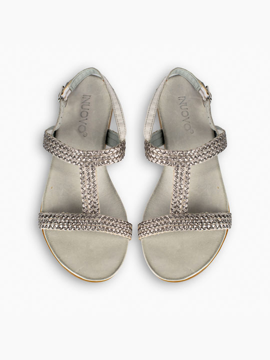 Inuovo Leather Women's Flat Sandals with Strap in Silver Color