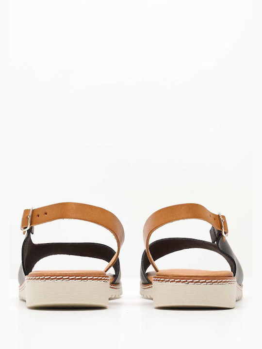 Leder Damen Flache Sandalen mit Riemen Μαύρο/Ταμπά
