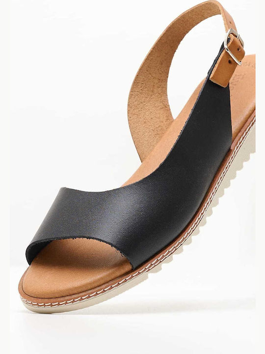 Leder Damen Flache Sandalen mit Riemen Μαύρο/Ταμπά