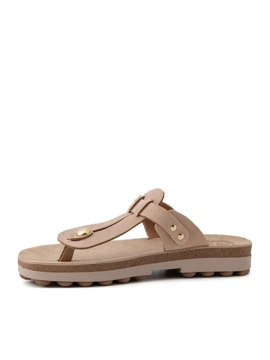 Leather Women's Flat Sandals in Beige Color