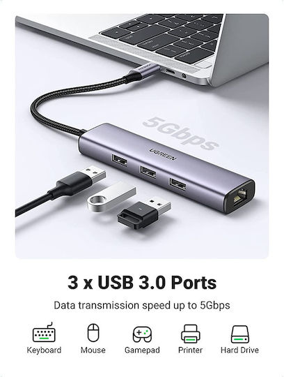 Ugreen CM475 Hub 3 Ports USB 3.0 with USB-C / Ethernet Connection Silver
