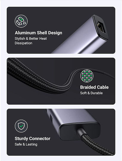 Ugreen CM475 Hub 3 Ports USB 3.0 with USB-C / Ethernet Connection Silver