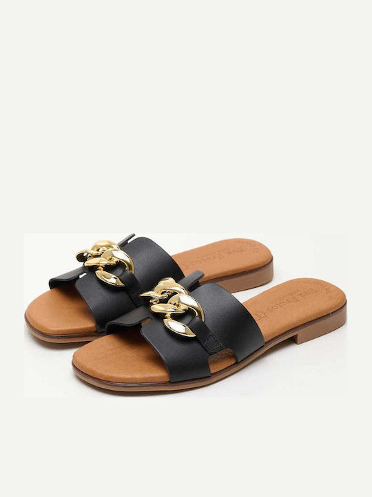 Leather Women's Flat Sandals in Black Color