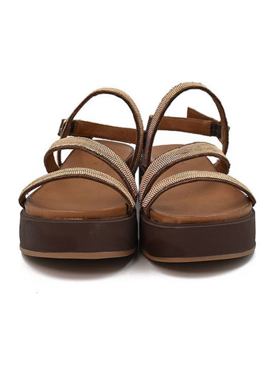 Leather Women's Flat Sandals Flatforms in Brown Color