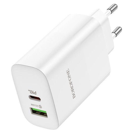 Borofone Charger with USB-A Port and USB-C Port and Cable USB-C 65W Power Delivery Whites (BN10)