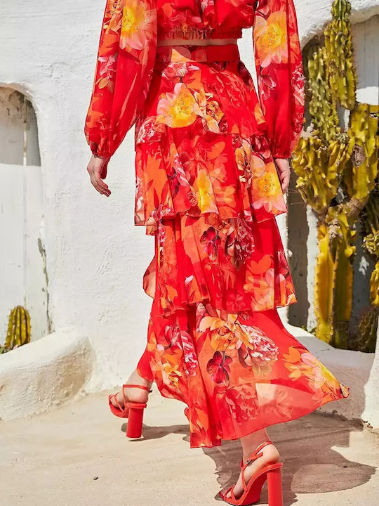 Ψηλόμεση Maxi Φούστα Floral Πορτοκαλί
