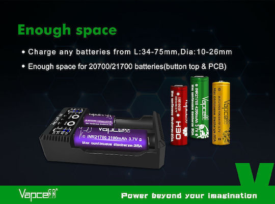 Vapcell U2 USB Φορτιστής 2 Μπαταριών Li-ion/Ni-Cd/Ni-MH Μεγέθους AA/AAA/D/18650/21700