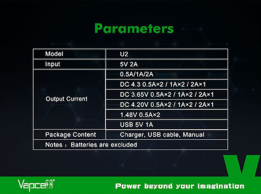 Vapcell U2 USB Φορτιστής 2 Μπαταριών Li-ion/Ni-Cd/Ni-MH Μεγέθους AA/AAA/D/18650/21700