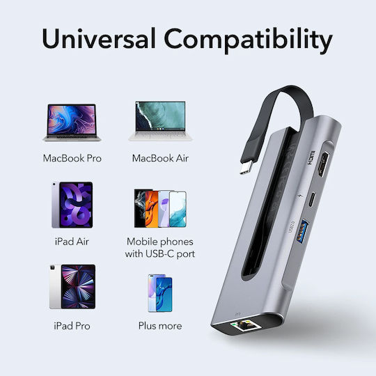 ESR 8-in-1 USB-C Docking Station with HDMI 4K PD Ethernet and Support for 2 Monitors Gray