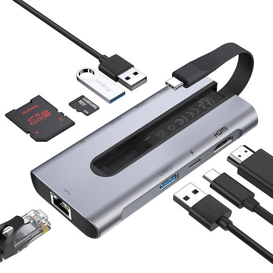 ESR 8-in-1 USB-C Docking Station with HDMI 4K PD Ethernet and Support for 2 Monitors Gray