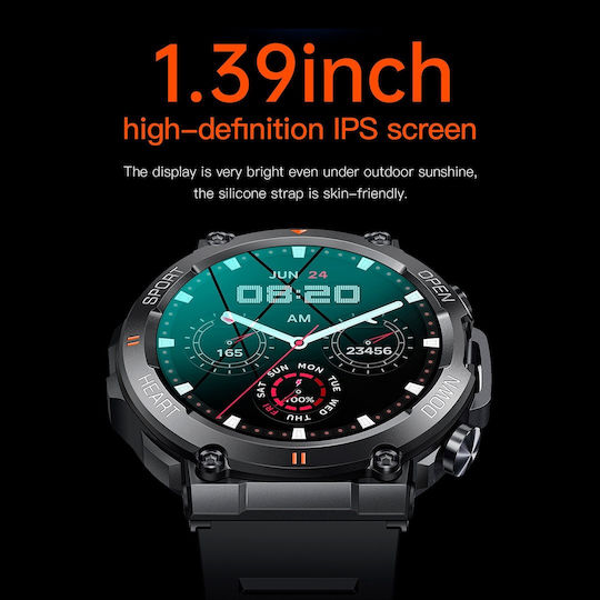 Aoke K56 PRO 45mm Smartwatch with Heart Rate Monitor (Black Case / Black Silicone Strap)