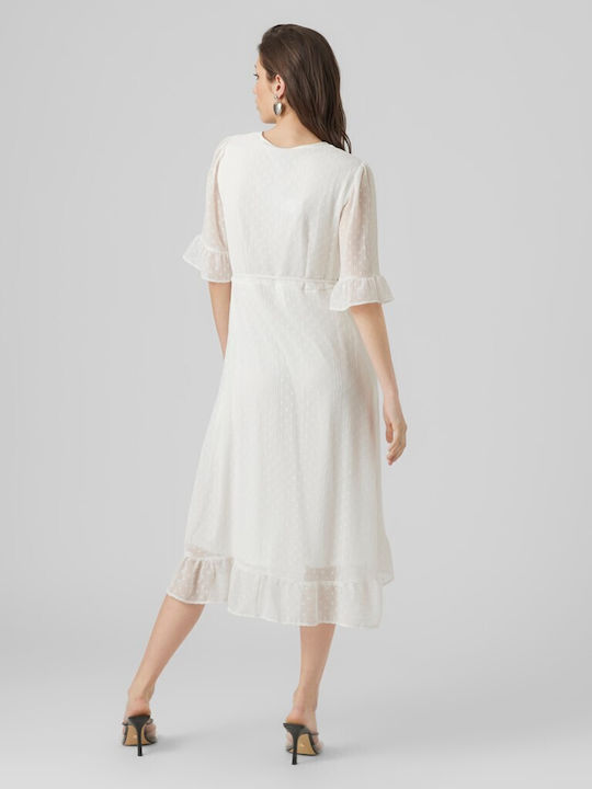 Vero Moda Summer All Day Short Sleeve Wrap Midi Dress with V Neck White , Regular Fit