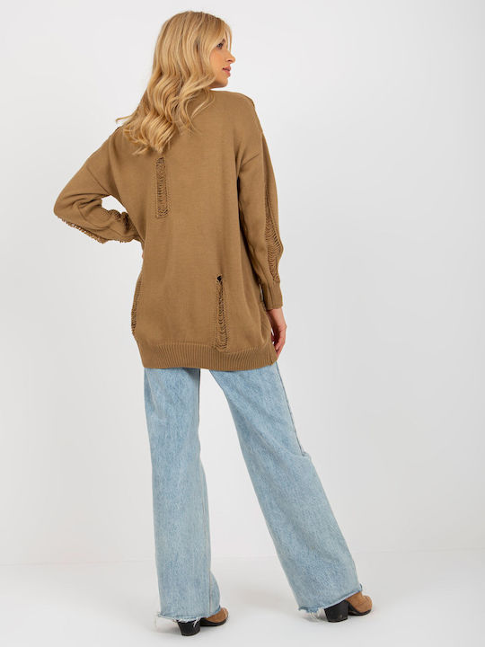 Rue Paris Long Women's Cardigan with Buttons Camel