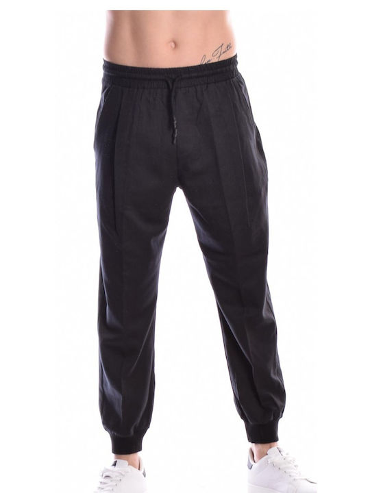 Black fabric pants with elastic waistband