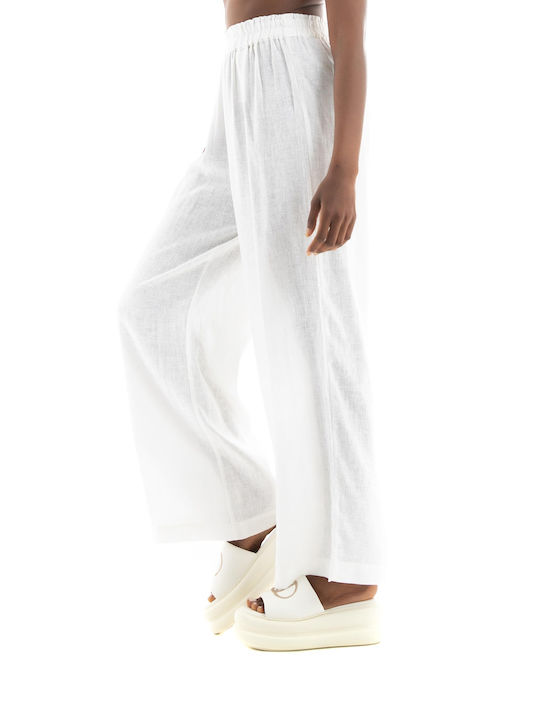 Only Women's Linen Trousers with Elastic in Straight Line White