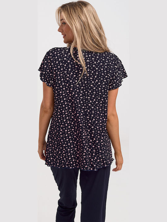 Cherry Sommer Damen Pyjama-Set Marineblau