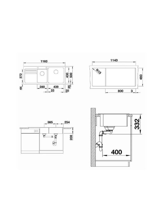 Blanco Naya 8 S 527315 527314 Drop-In Мивка Десен от Синтетичен Гранит Ш116xД50см Volcano Grey