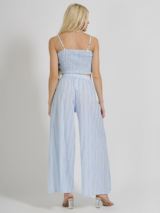 Damen Hoch tailliert Stoff Hose in Lockerer Passform Hellblau