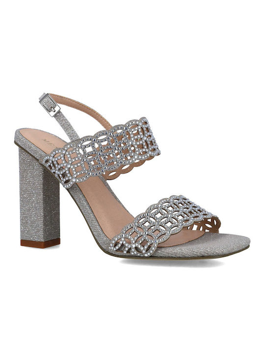 Menbur Stoff Damen Sandalen mit Chunky hohem Absatz in Silber Farbe