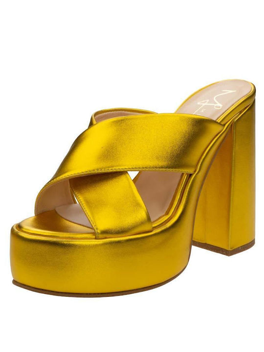 Mille Luci Platform Leather Women's Sandals Yellow with Chunky High Heel