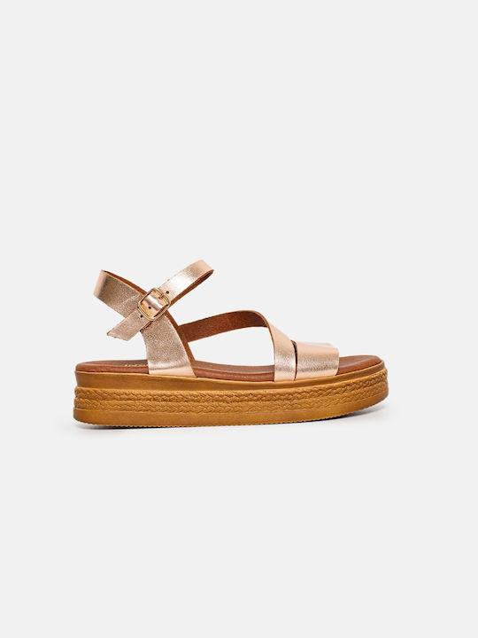 InShoes Leather Women's Flat Sandals with Strap Flatforms in Gold Color