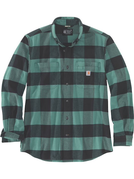 Long-sleeved Flannel Shirt in Wide Line Checked Green