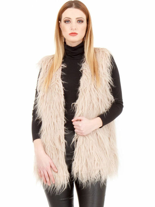 Women's Sleeveless Short Fur Beige