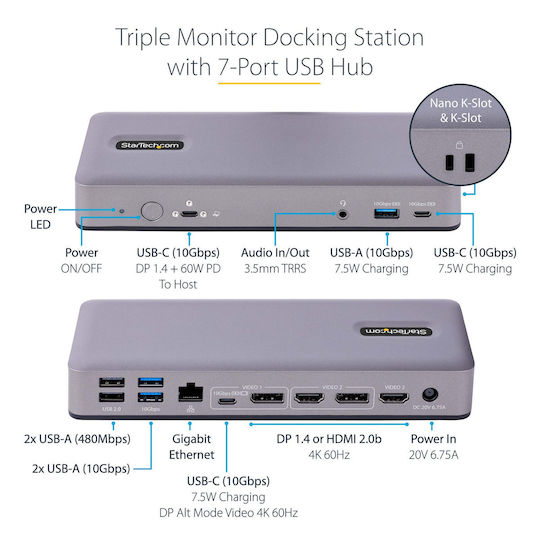 StarTech USB-C Docking Station με HDMI/DisplayPort 4K PD Ethernet και σύνδεση 3 Οθονών Ασημί (DK31C3MNCRUE)