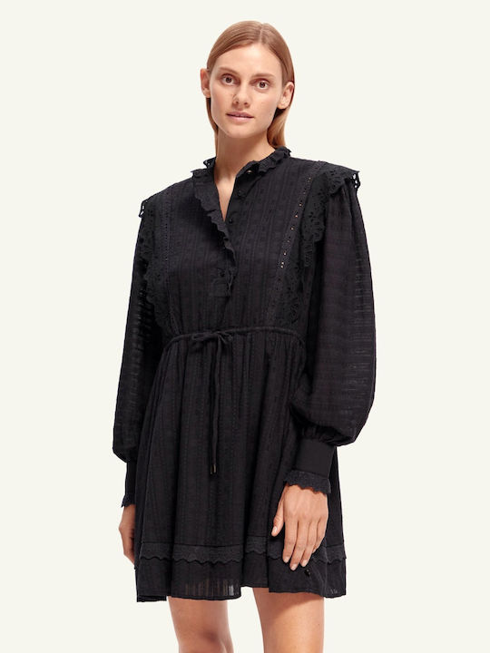 Broderie Anglaise Mini Shirt Dress Dress with Ruffle Black
