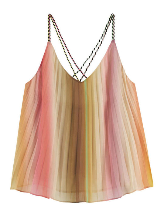 Pleated Rainbow Women's Summer Blouse with Straps & V Neckline Striped Multicolour