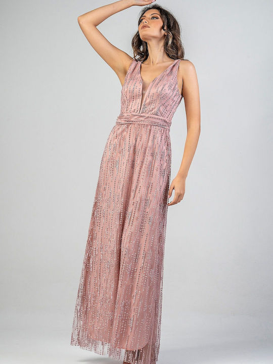 Bellino Maxi Dress for Wedding / Baptism Open Back with Tulle Pink