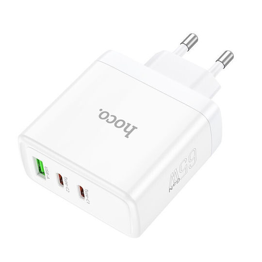 Hoco Φορτιστής Χωρίς Καλώδιο GaN με Θύρα USB-A και 2 Θύρες USB-C 65W Power Delivery / Quick Charge 3.0 Λευκός (N30 Glory)